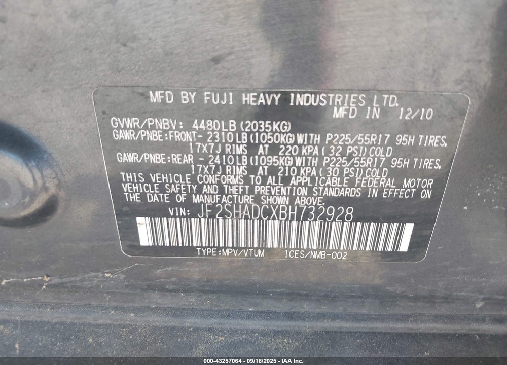 2011 SUBARU FORESTER VIN: JF2SHADCXBH732928
