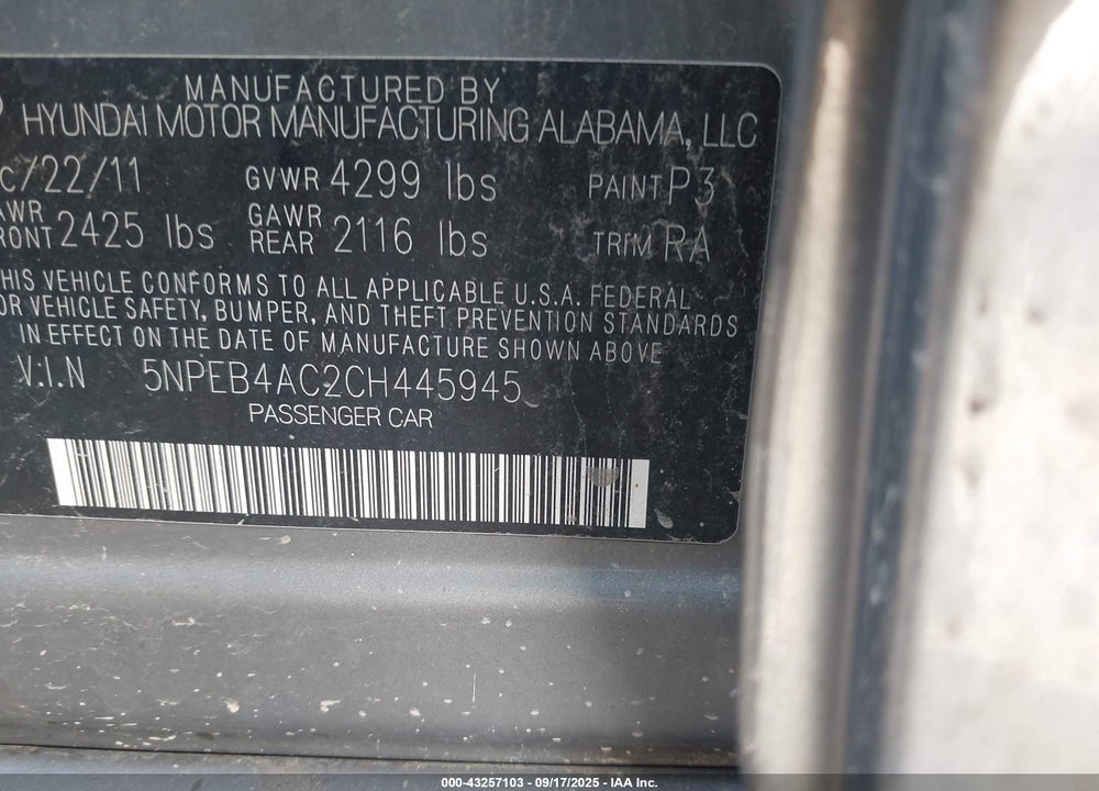 2012 HYUNDAI SONATA VIN: 5NPEB4AC2CH445945