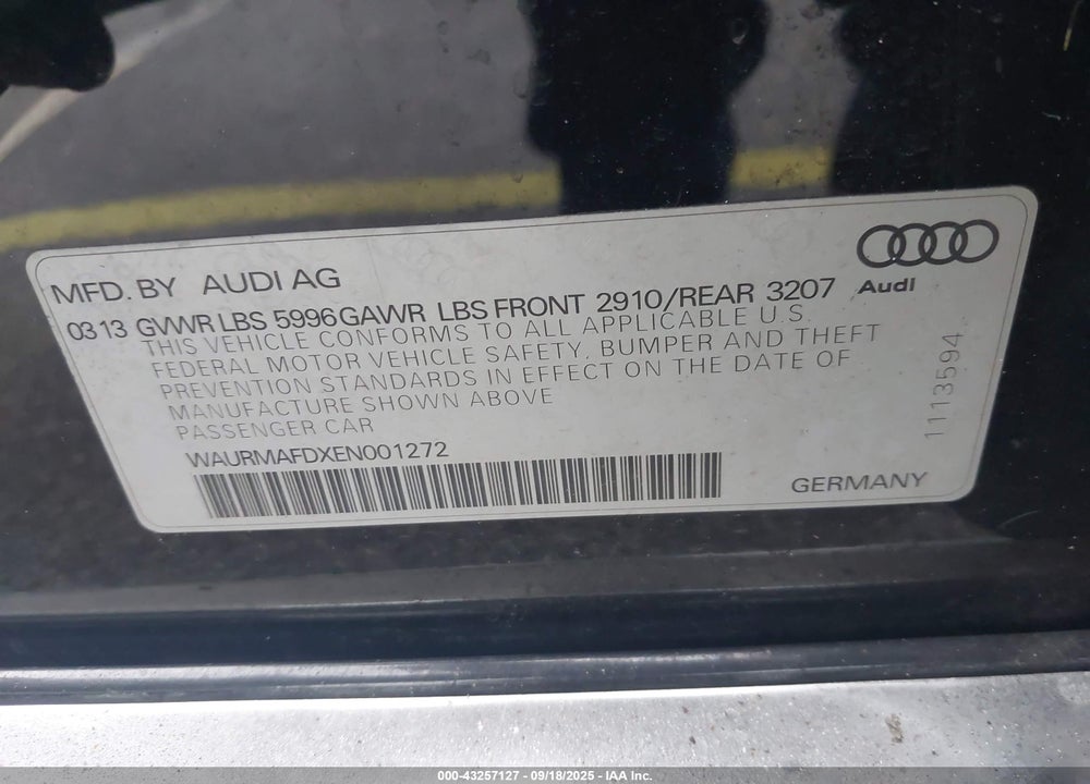2014 AUDI A8 VIN: WAURMAFDXEN001272