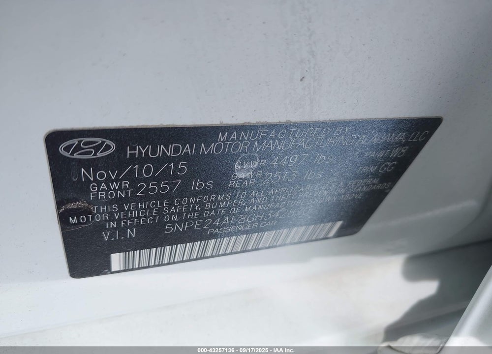 2016 HYUNDAI SONATA VIN: 5NPE24AF8GH342870