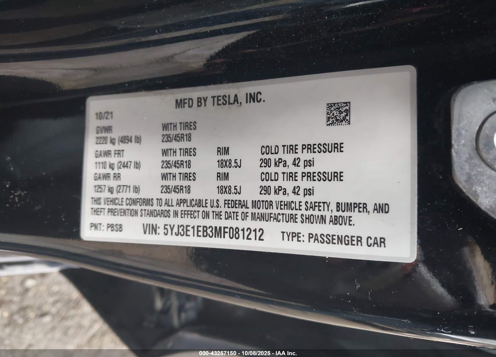 2021 TESLA MODEL 3 VIN: 5YJ3E1EB3MF081212
