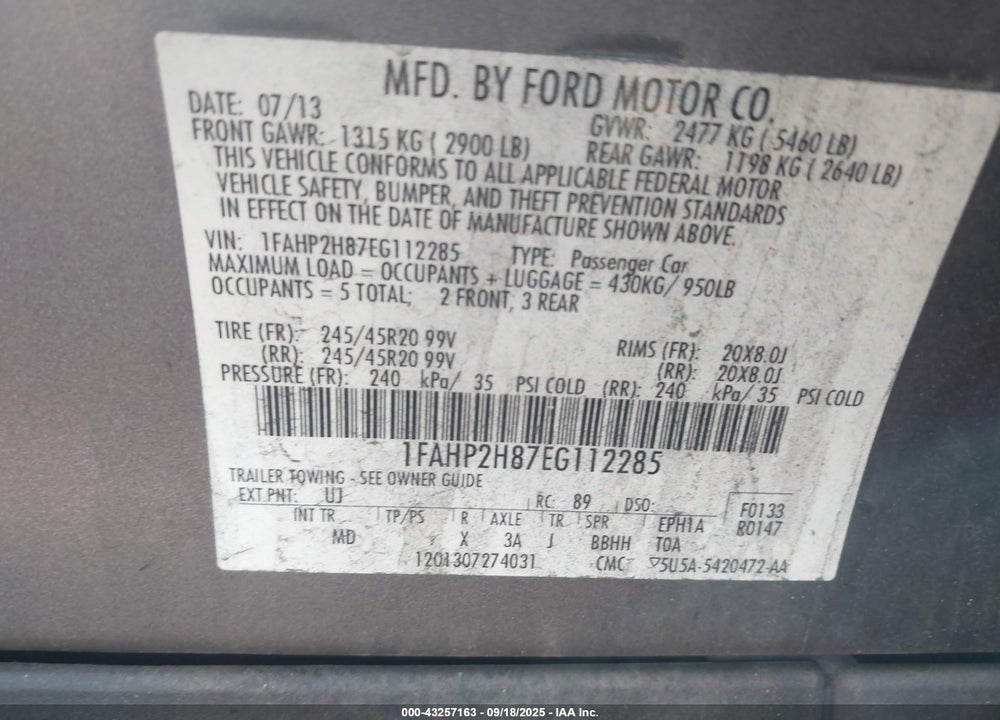 2014 FORD TAURUS VIN: 1FAHP2H87EG112285
