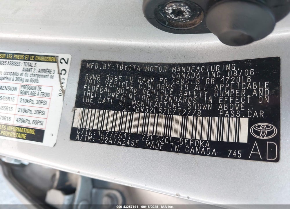 2007 TOYOTA COROLLA VIN: 2T1BR32E67C712778