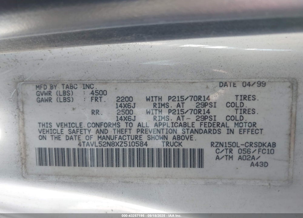 1999 TOYOTA TACOMA VIN: 4TAVL52N8XZ510584