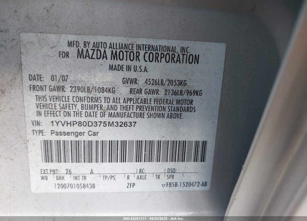 2007 MAZDA 6 S SPORT VE VIN: 1YVHP80D375M32637