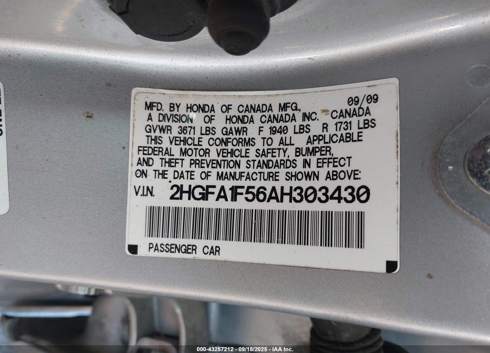 2010 HONDA CIVIC VIN: 2HGFA1F56AH303430