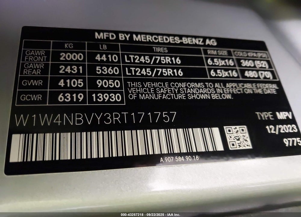2024 MERCEDES-BENZ SPRINTER VIN: W1W4NBVY3RT171757