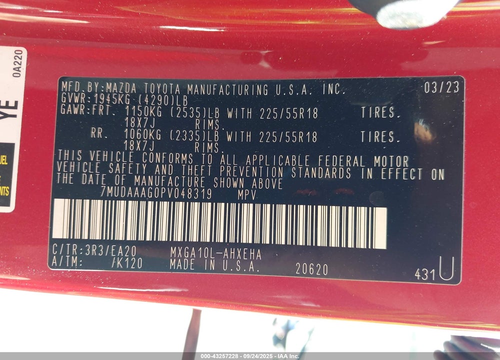 2023 TOYOTA COROLLA CROSS VIN: 7MUDAAAG0PV048319