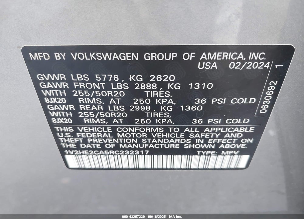 2024 VOLKSWAGEN ATLAS CROSS SPORT VIN: 1V2HE2CA5RC232317