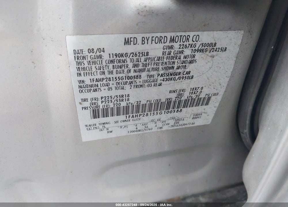2005 FORD FIVE HUNDRED LIMITED VIN: 1FAHP28155G100588