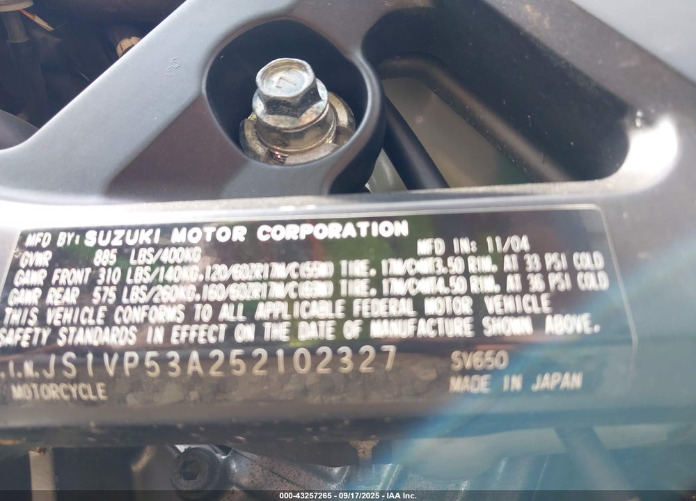 2005 SUZUKI SV650 VIN: JS1VP53A252102327