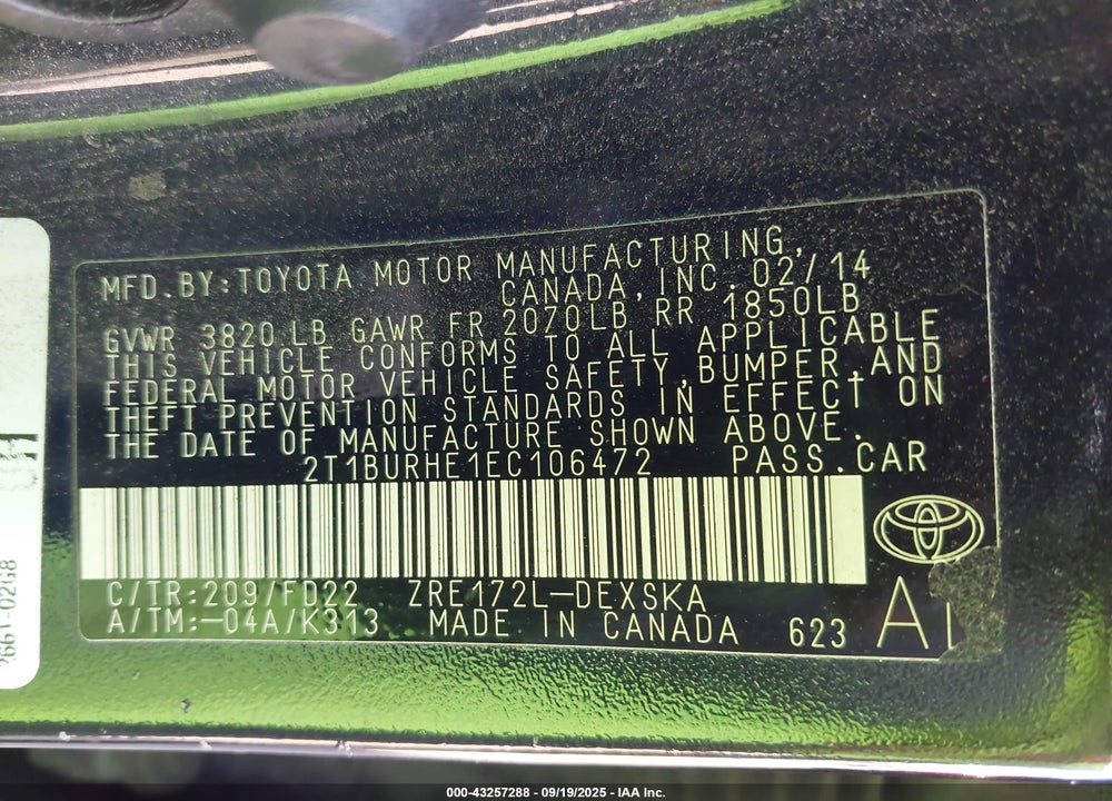 2014 TOYOTA COROLLA L/LE/LE PLS/PRM/S/S PLS VIN: 2T1BURHE1EC106472