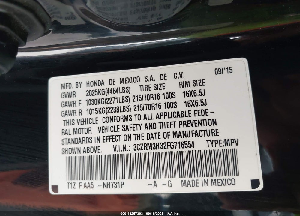 2015 HONDA CR-V VIN: 3CZRM3H32FG716554