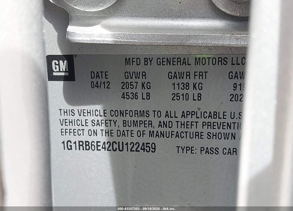 2012 CHEVROLET VOLT VIN: 1G1RB6E42CU122459