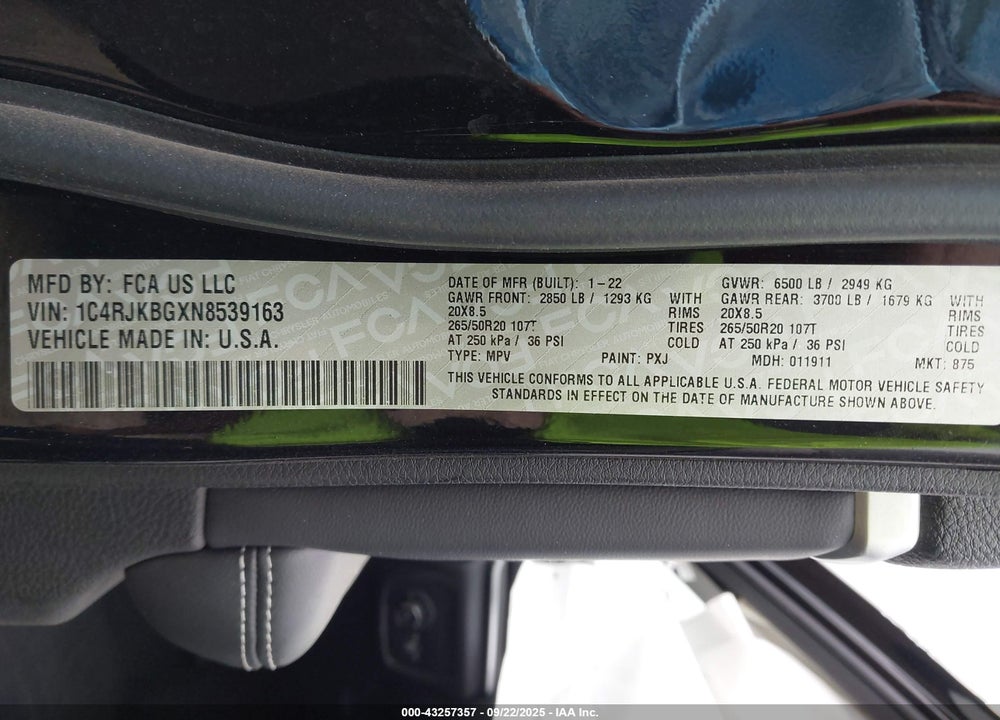 2022 JEEP GRAND CHEROKEE L VIN: 1C4RJKBGXN8539163