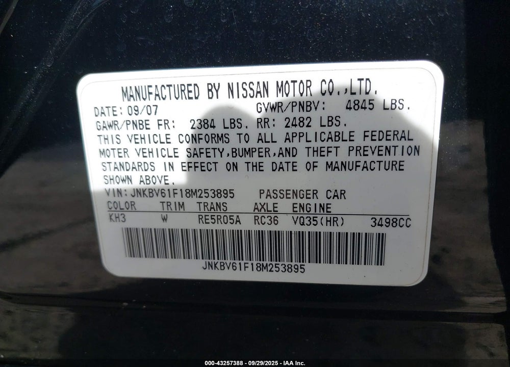 2008 INFINITI G35 VIN: JNKBV61F18M253895