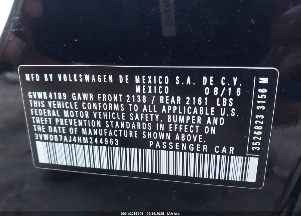 2017 VOLKSWAGEN JETTA 1.4T SE VIN: 3VWDB7AJ4HM244963