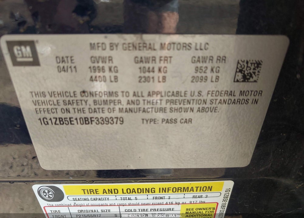 2011 CHEVROLET MALIBU VIN: 1G1ZB5E10BF339379