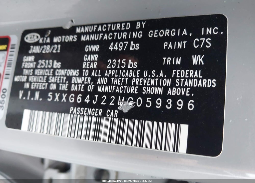 2021 KIA K5 VIN: 5XXG64J22MG059396
