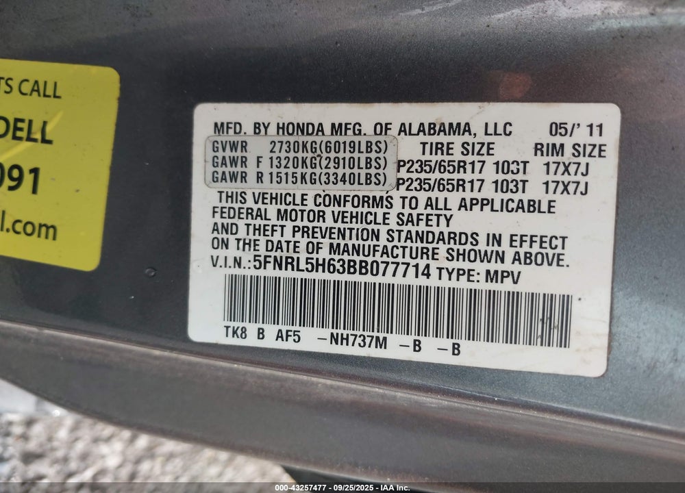 2011 HONDA ODYSSEY EX-L VIN: 5FNRL5H63BB077714