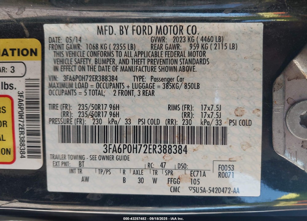 2014 FORD FUSION VIN: 3FA6P0H72ER388384
