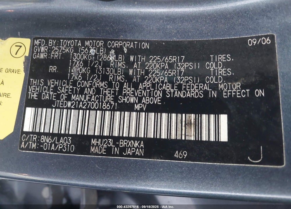 2007 TOYOTA HIGHLANDER HYBRID LIMITED V6 VIN: JTEDW21A270018671