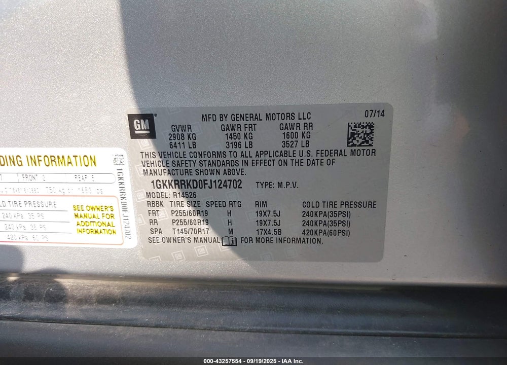 2015 GMC ACADIA VIN: 1GKKRRKD0FJ124702