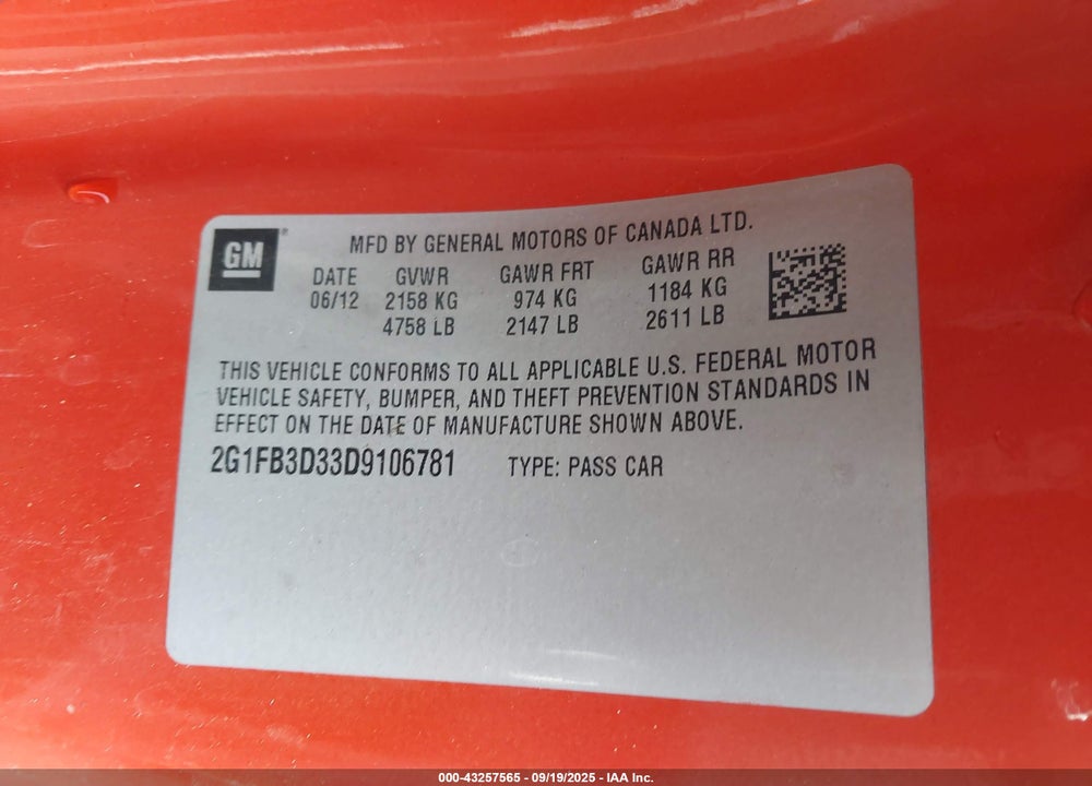2013 CHEVROLET CAMARO VIN: 2G1FB3D33D9106781