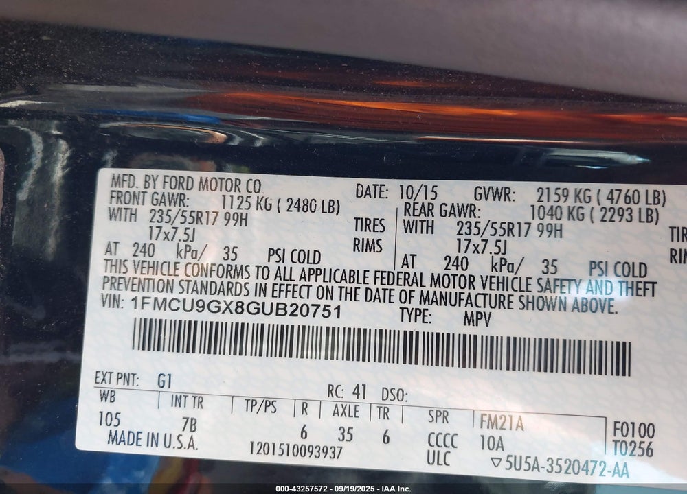 2016 FORD ESCAPE SE VIN: 1FMCU9GX8GUB20751