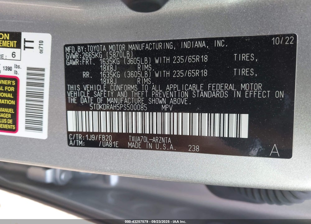 2023 TOYOTA HIGHLANDER LE VIN: 5TDKDRAH5PS500085