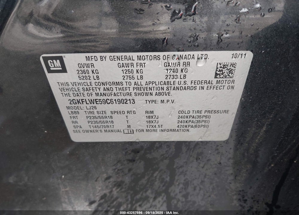 2012 GMC TERRAIN VIN: 2GKFLWE59C6190213
