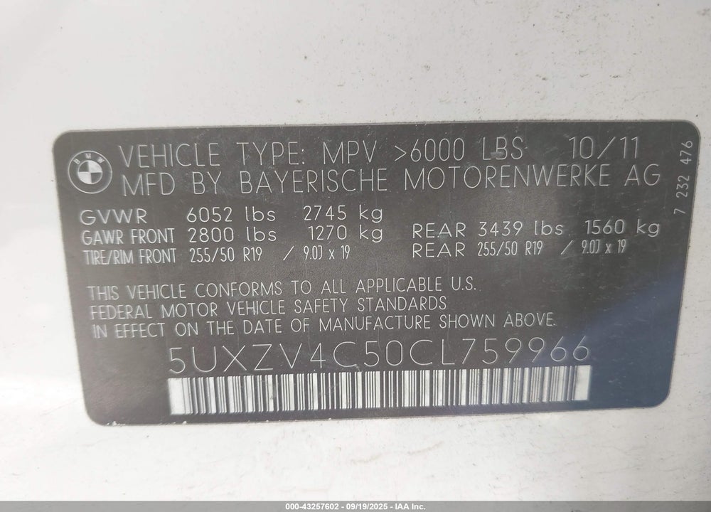 2012 BMW X5 VIN: 5UXZV4C50CL759966