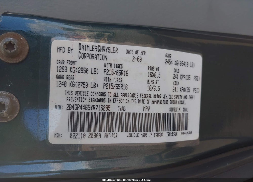 2000 DODGE GRAND CARAVAN SE VIN: 2B4GP44G5YR716285
