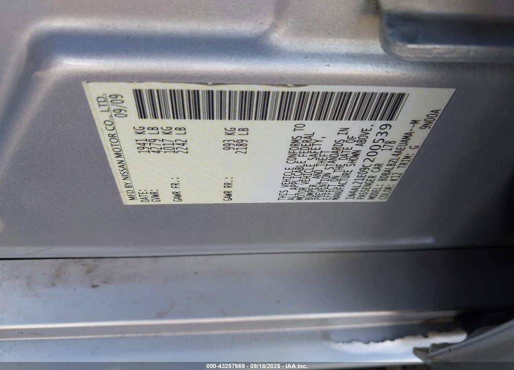 2009 NISSAN ALTIMA VIN: 1N4AL21E09C200539