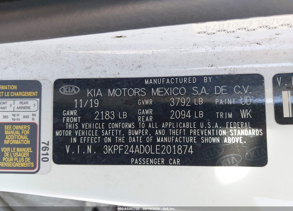 2020 KIA FORTE VIN: 3KPF24AD0LE201874