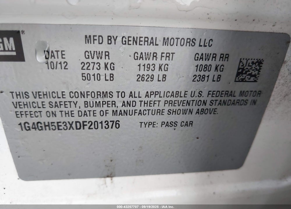 2013 BUICK LACROSSE VIN: 1G4GH5E3XDF201376