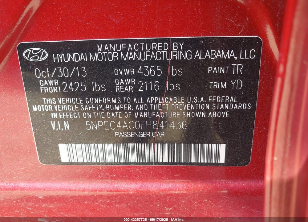 2014 HYUNDAI SONATA VIN: 5NPEC4AC0EH841436