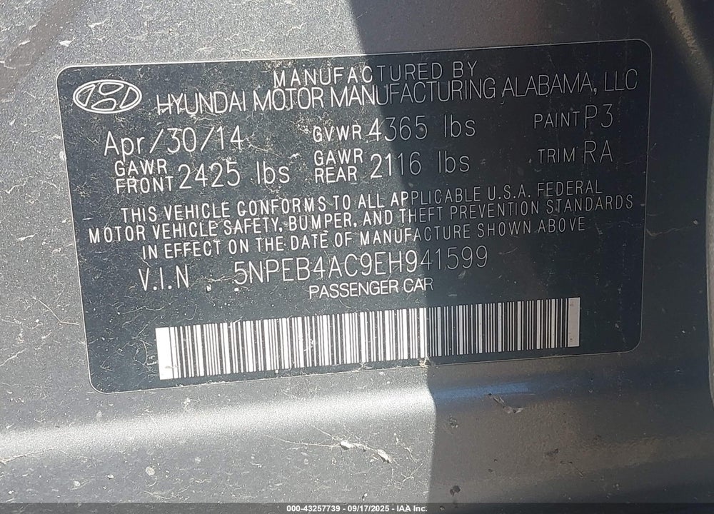 2014 HYUNDAI SONATA GLS VIN: 5NPEB4AC9EH941599