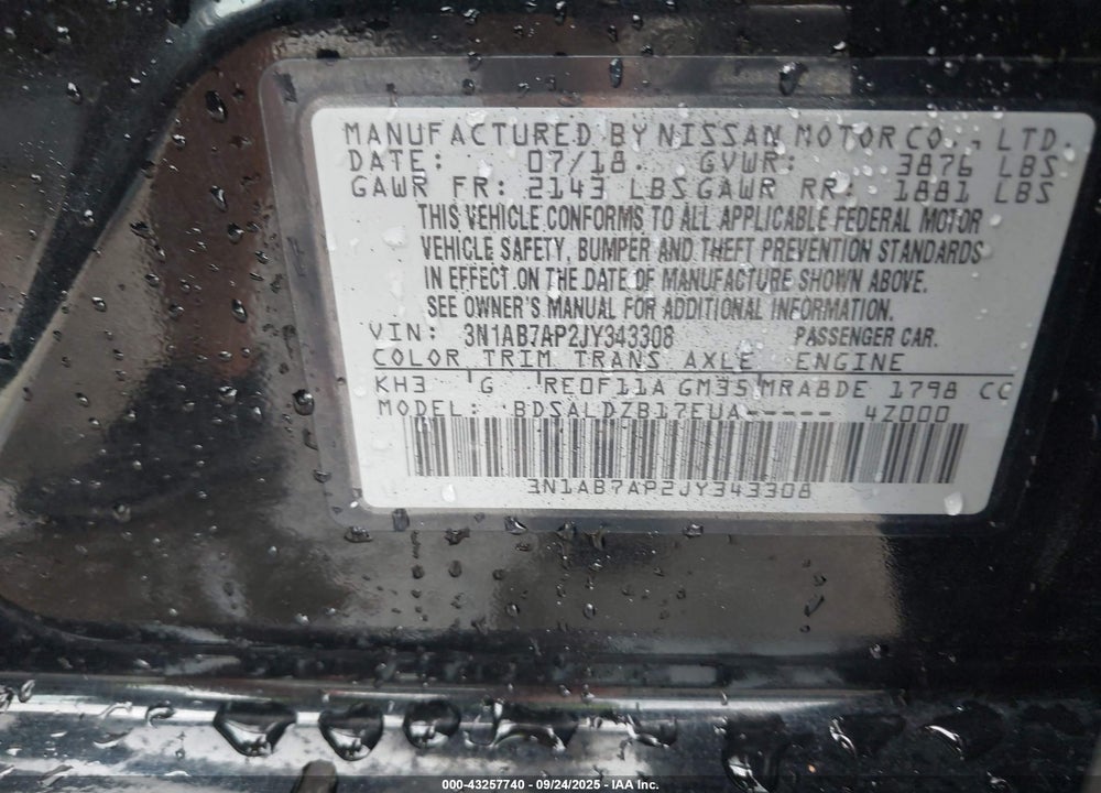 2018 NISSAN SENTRA VIN: 3N1AB7AP2JY343308