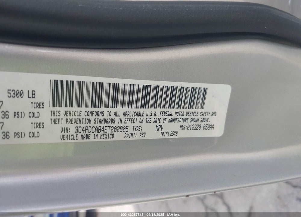 2014 DODGE JOURNEY VIN: 3C4PDCAB4ET202905
