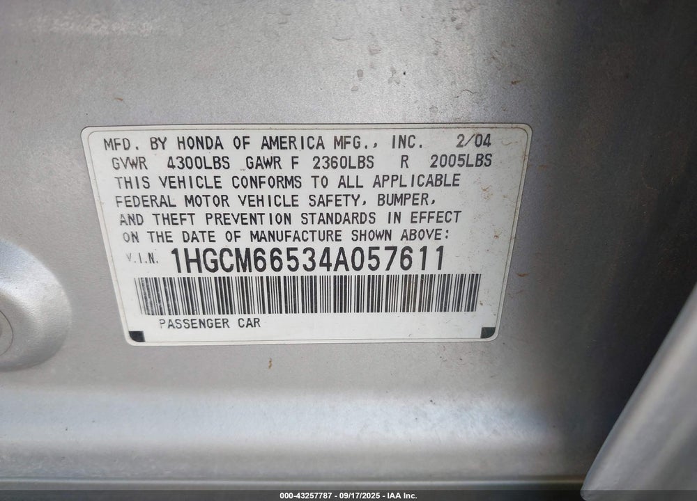 2004 HONDA ACCORD 3.0 EX VIN: 1HGCM66534A057611