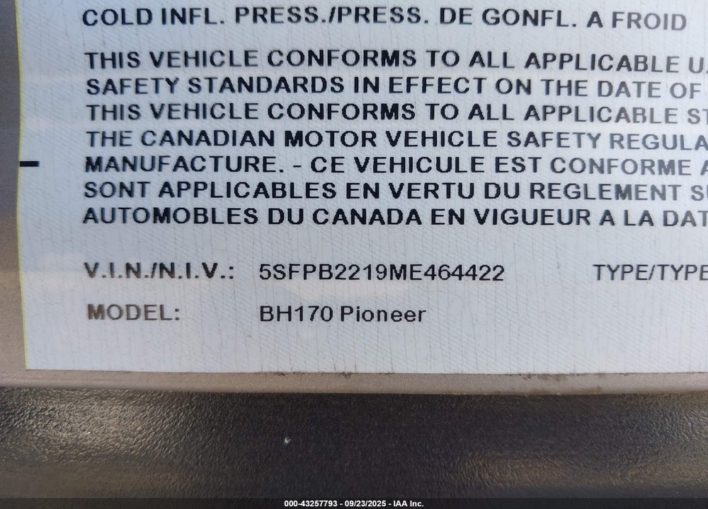 2021 HEARTLAND RV PIONEER VIN: 5SFPB2219ME464422