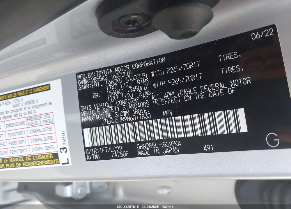 2022 TOYOTA 4RUNNER VIN: JTERU5JR9N6077830