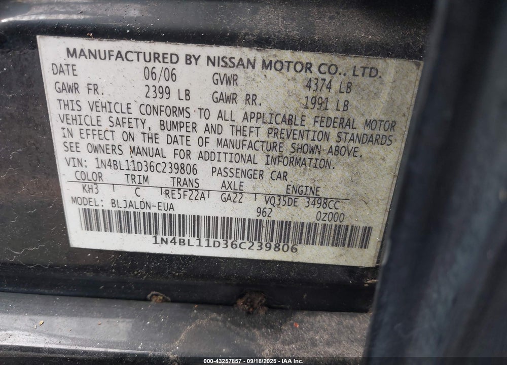 2006 NISSAN ALTIMA 3.5 SL VIN: 1N4BL11D36C239806