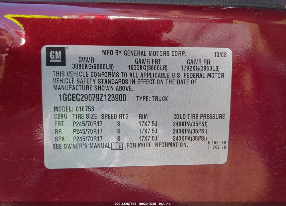 2008 CHEVROLET SILVERADO 1500 LT1 VIN: 2GCEC19J981292844
