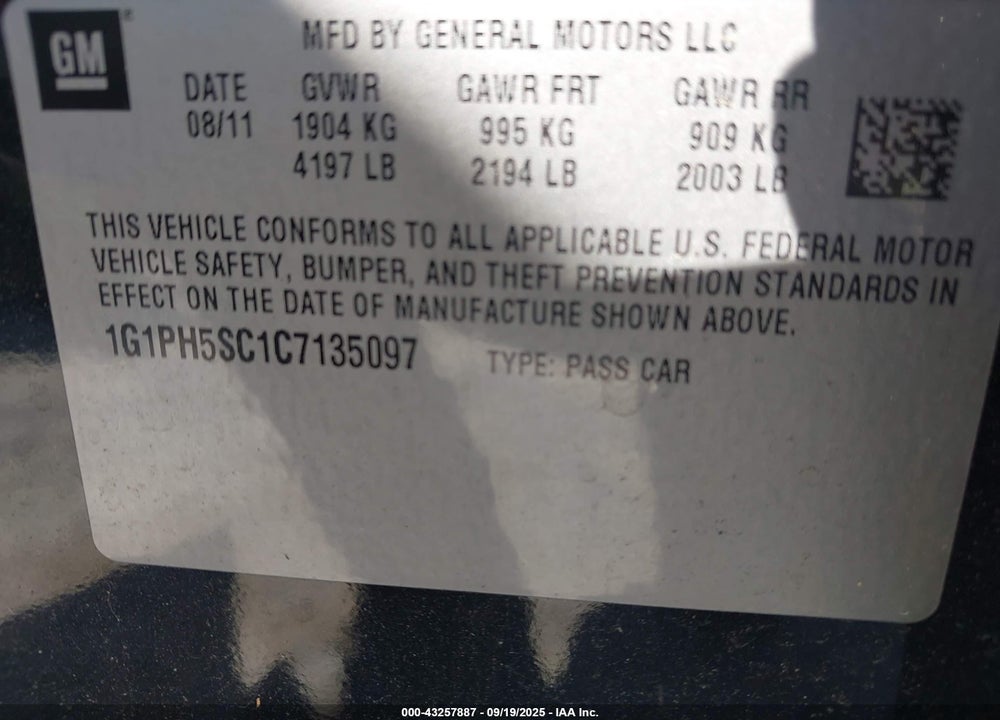 2012 CHEVROLET CRUZE LTZ VIN: 1G1PH5SC1C7135097