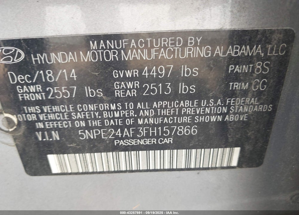 2015 HYUNDAI SONATA VIN: 5NPE24AF3FH157866