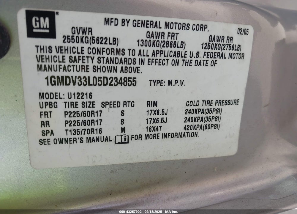2005 PONTIAC MONTANA SV6 VIN: 1GMDV33L05D234855