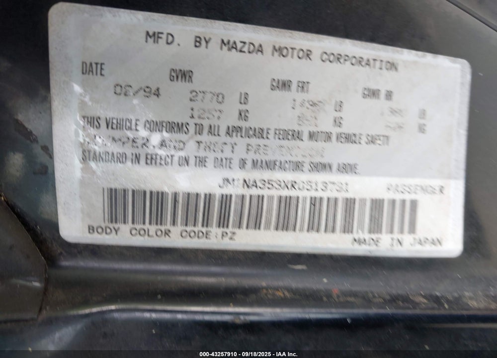 1994 MAZDA MX-5 MIATA VIN: JM1NA353XR0513731
