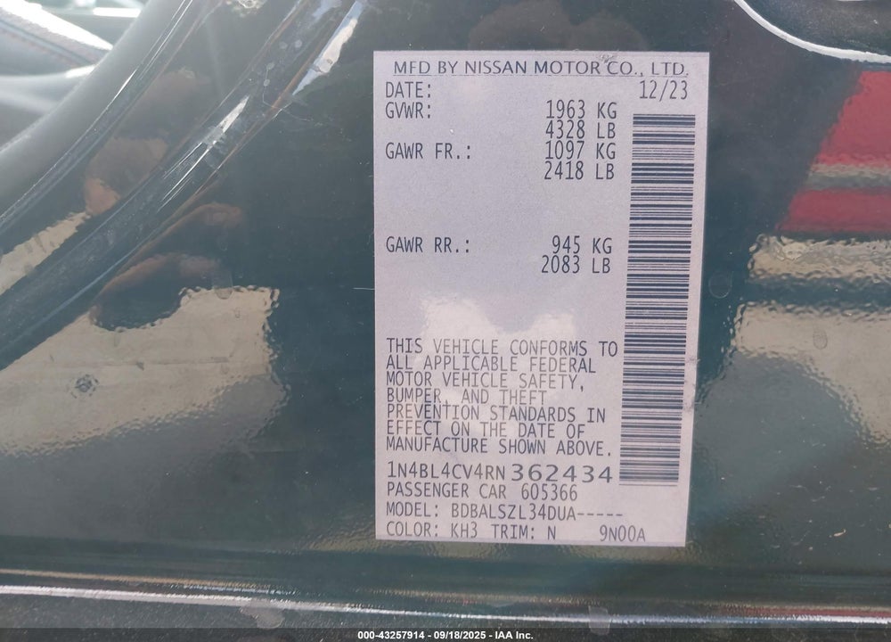 2024 NISSAN ALTIMA VIN: 1N4BL4CV4RN362434